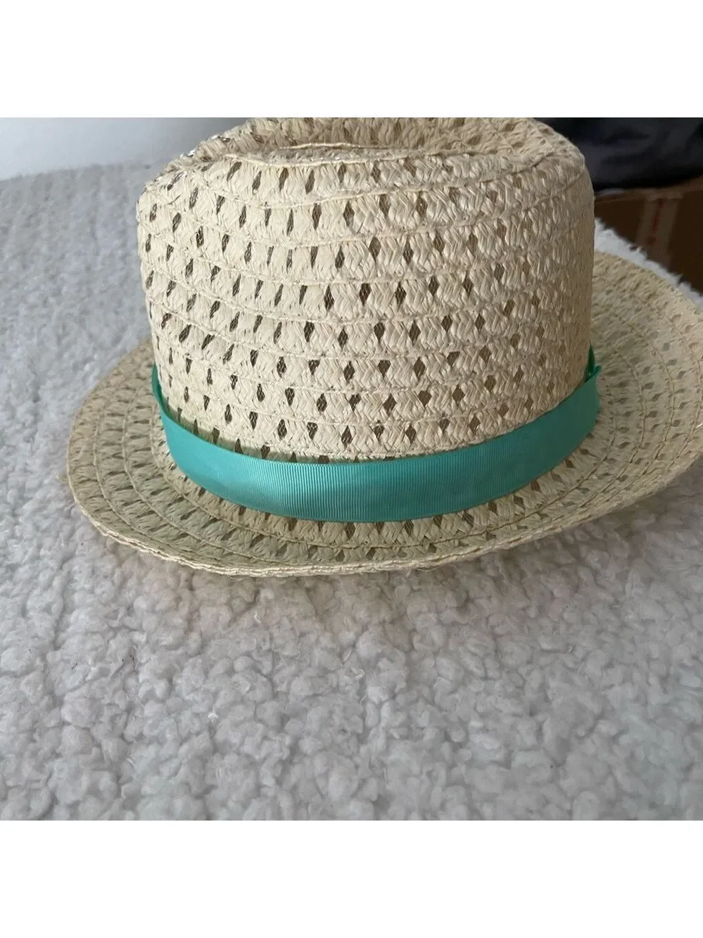 Small Straw Fedora Hat with Green Band